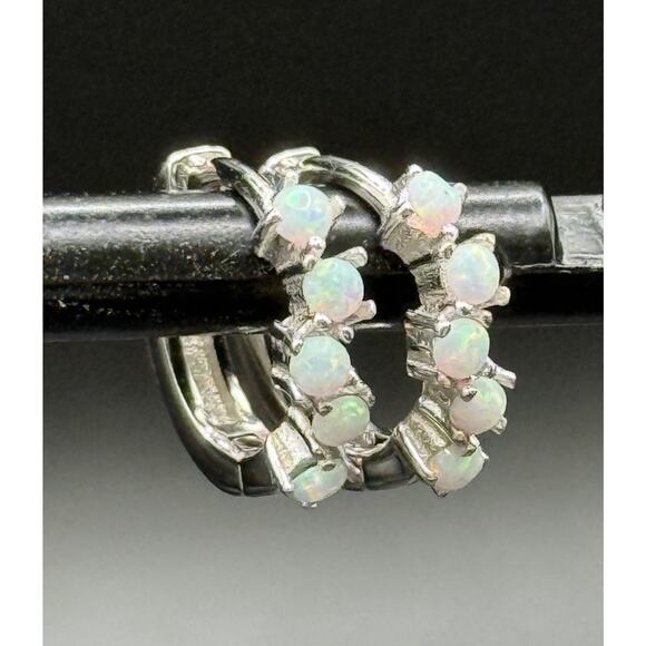 New Condition Dainty Sterling Silver Lab Opal Huggie Earrings 925 - Picture 2 of 8